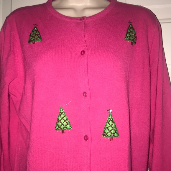 Wish For Joy Pink Holiday Sequins Christmas Trees Cardigan Button Down Sweater L - Picture 2 of 8